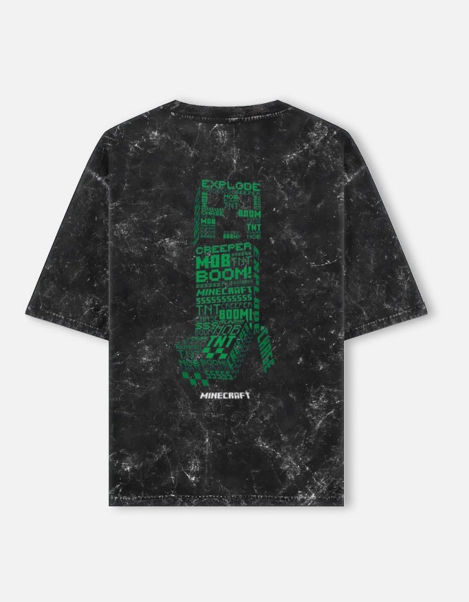 Gritted black acid-washed 100% cotton oversized tee with green Minecraft Creeper graphic and text.